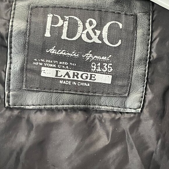 PD&C Mens Large Black Vegan Leather Jacket W/ Removable Hood & Knit Sleeves - Picture 3 of 16